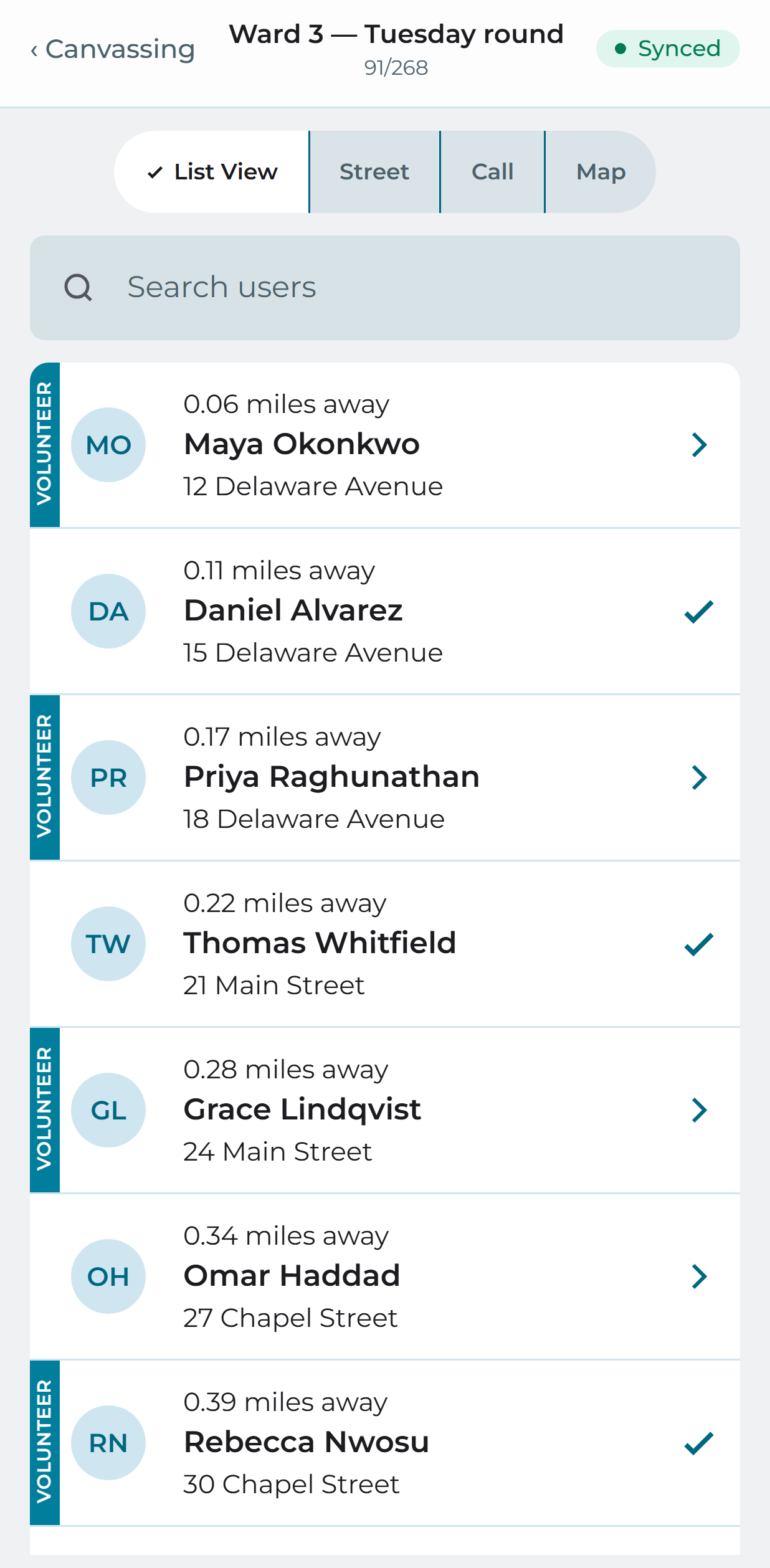 The list view of a canvassing round