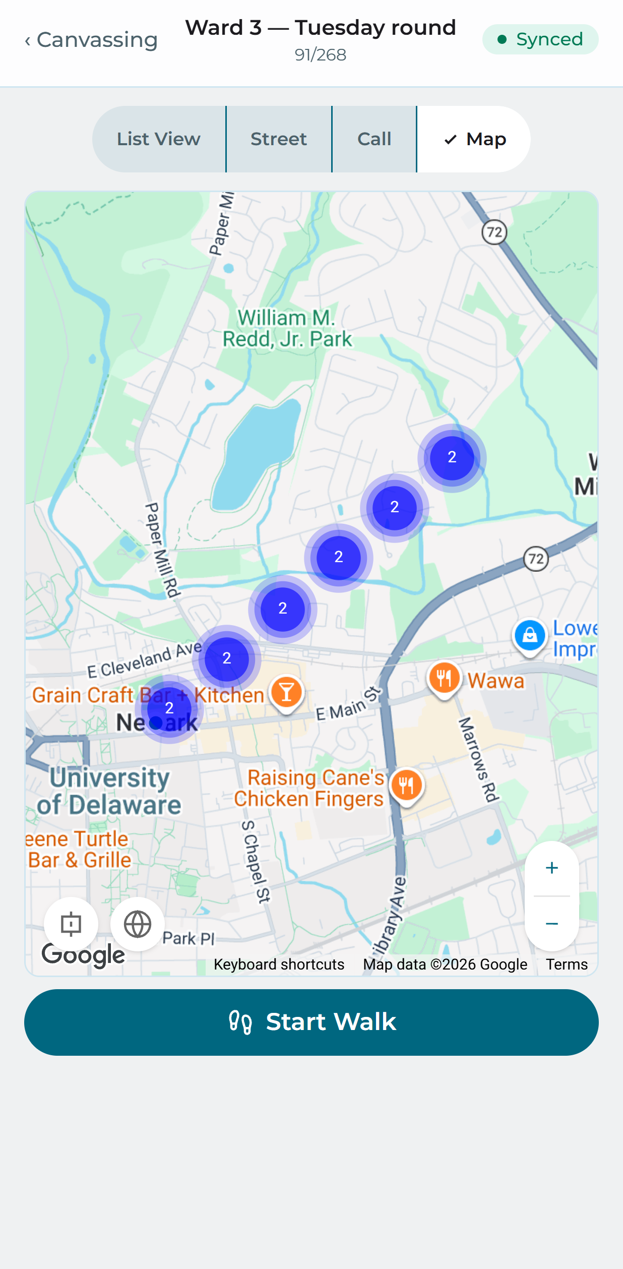 The map view during a canvass