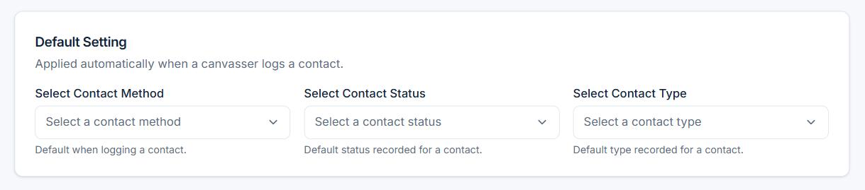 Default contact method, status and survey for a canvassing list