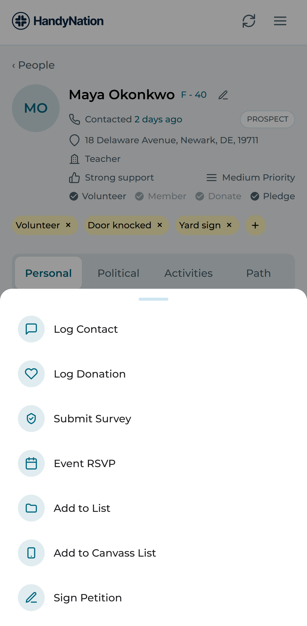 The profile actions menu