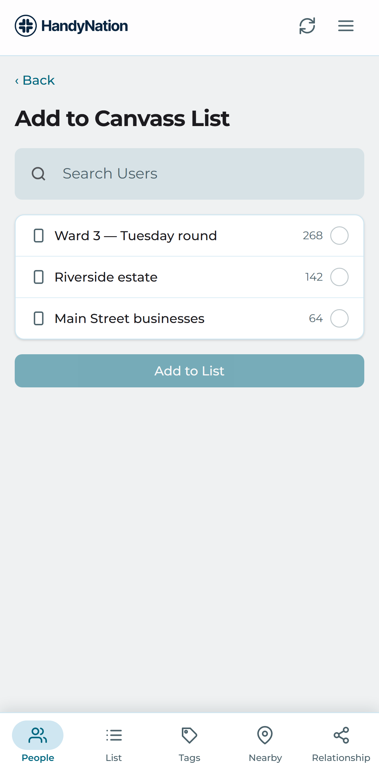 Adding a person to a canvassing list