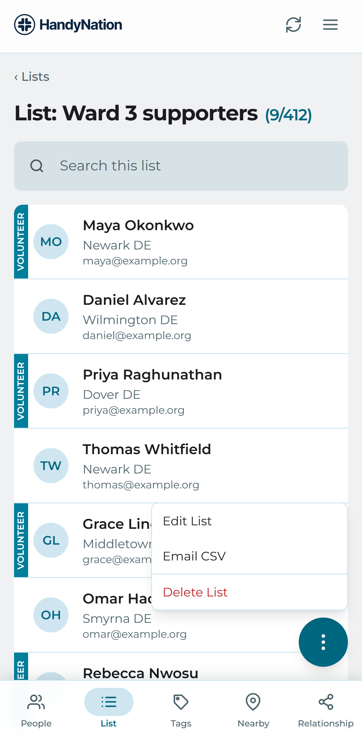 The list actions menu
