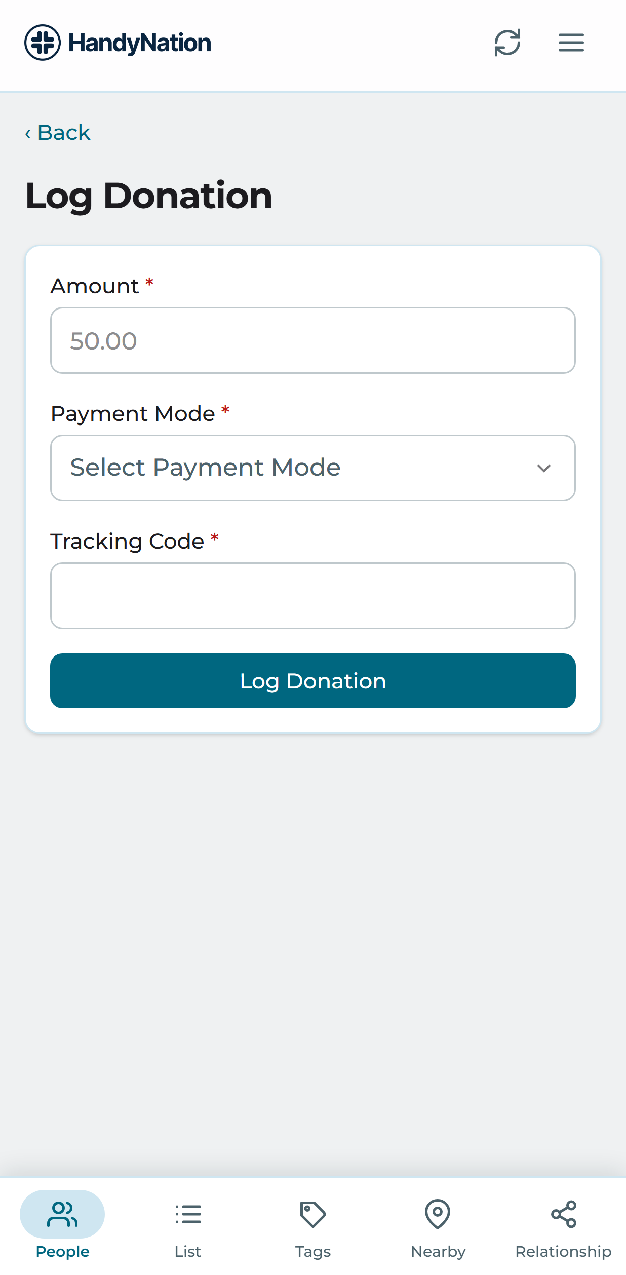 The log donation form