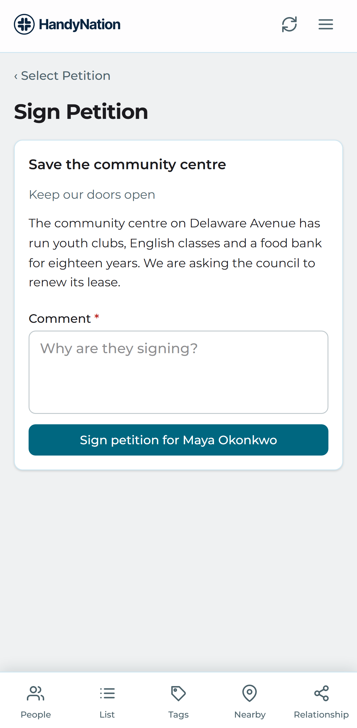 Signing a petition for a person