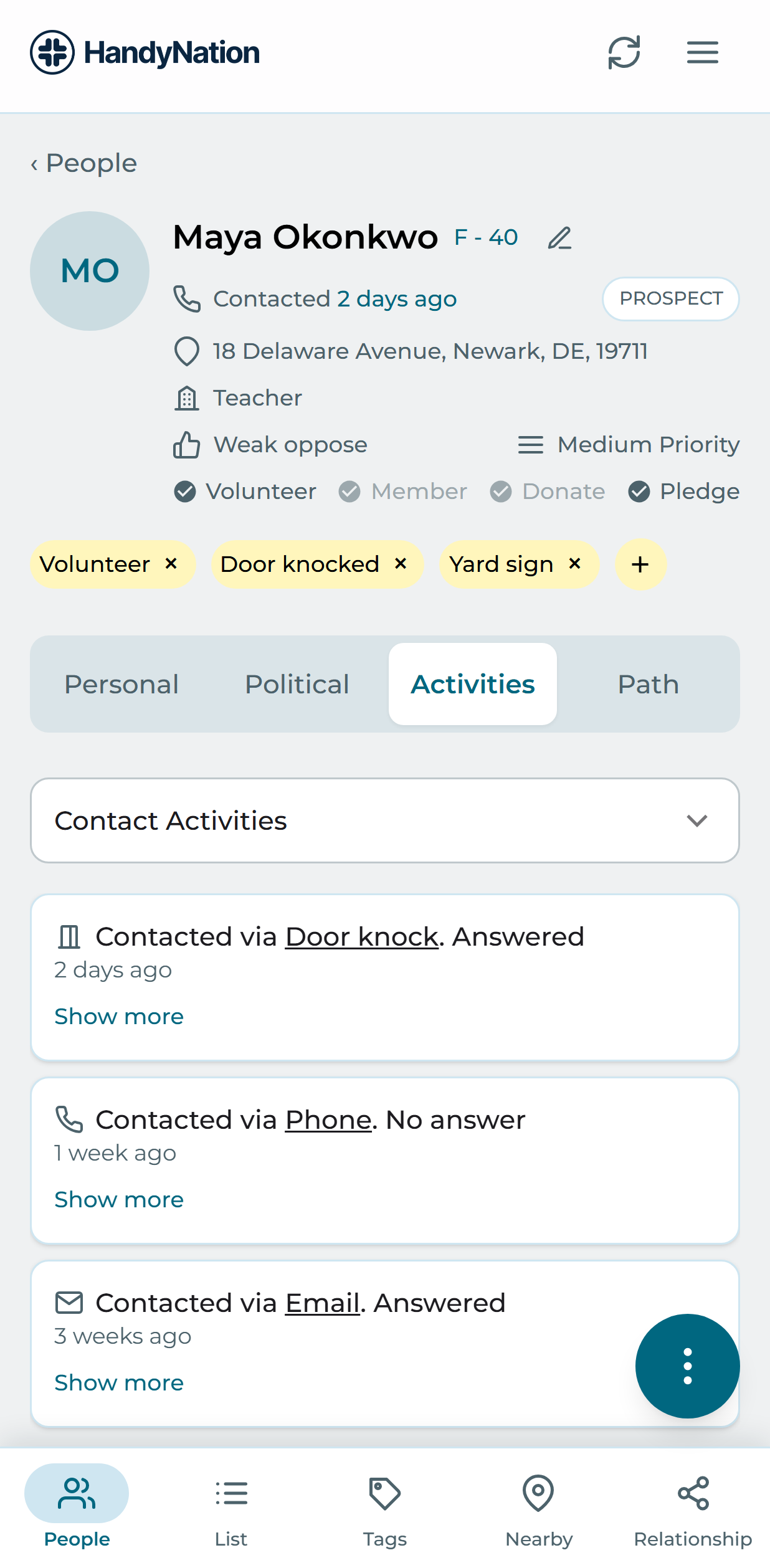 The Activities tab of a profile