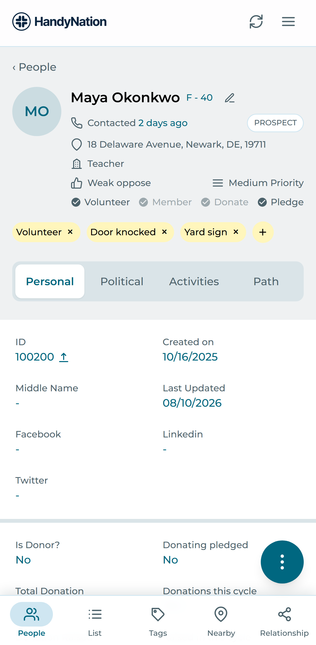 The Personal tab of a profile