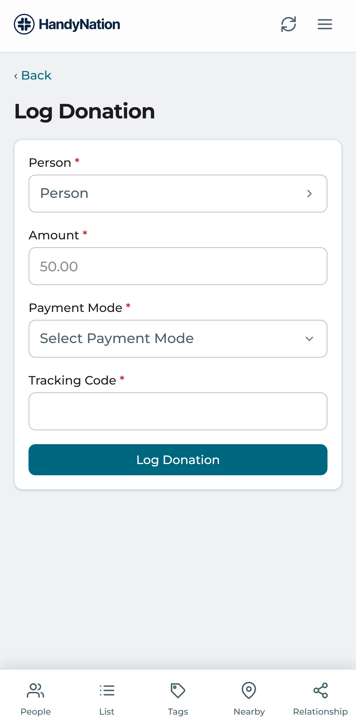 Entering the donation amount and method