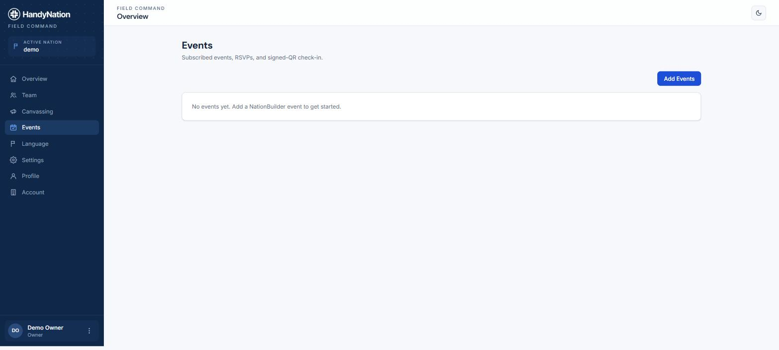 The Events page in the dashboard