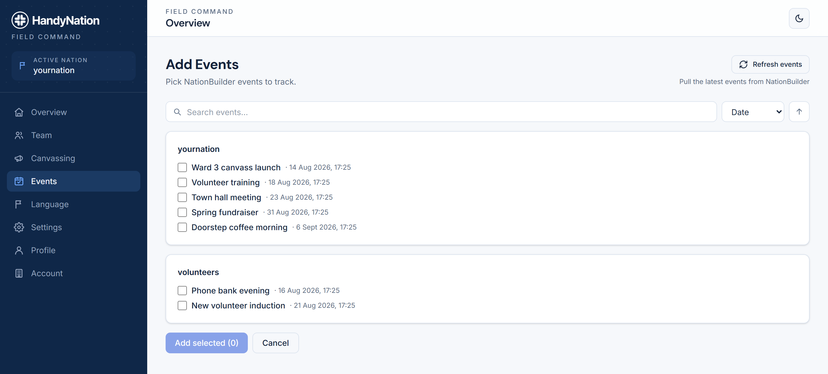 Selecting a site and event