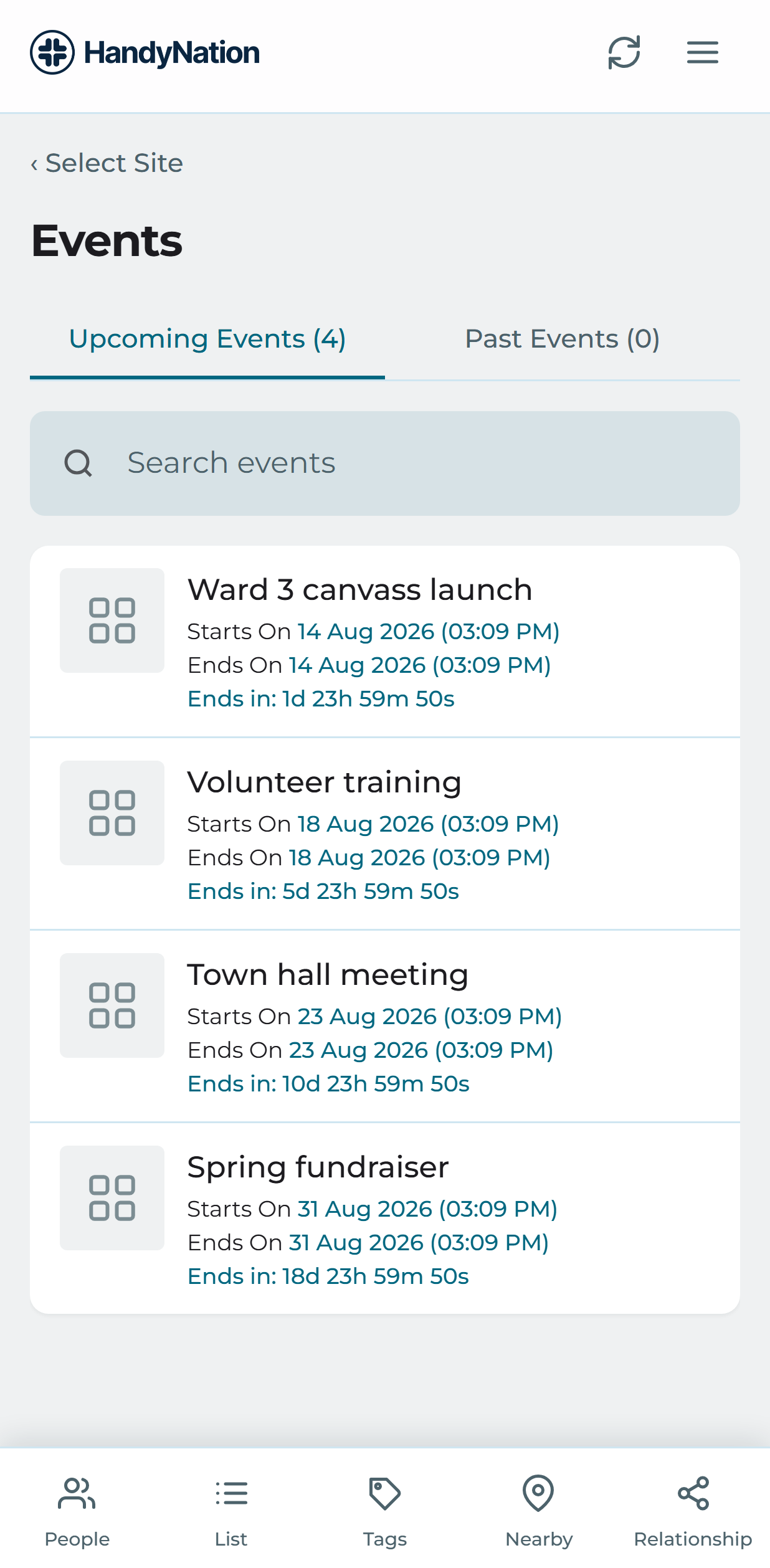 Upcoming events for a site