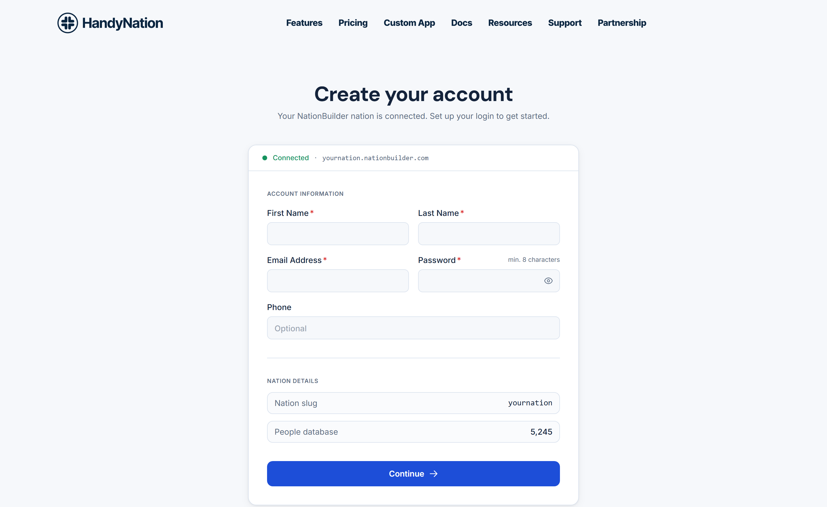 Creating your HandyNation account after the nation is connected