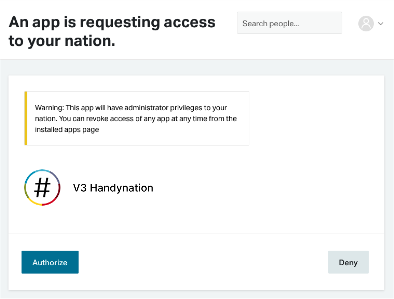 Authorising HandyNation from the NationBuilder control panel