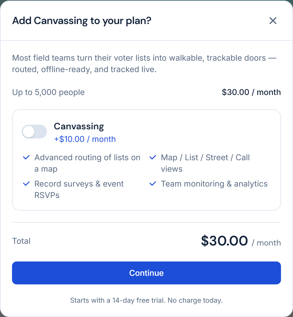 The canvassing add-on offered after Get started