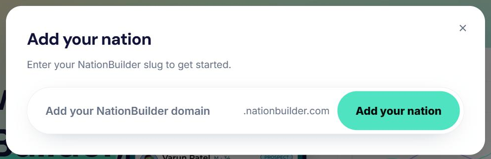Entering a NationBuilder slug to begin onboarding