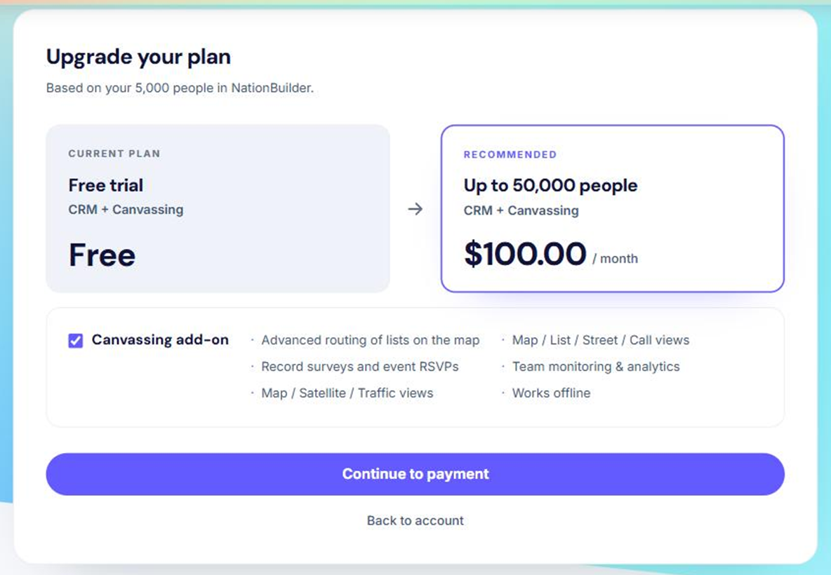 Choosing a larger tier on the plans page