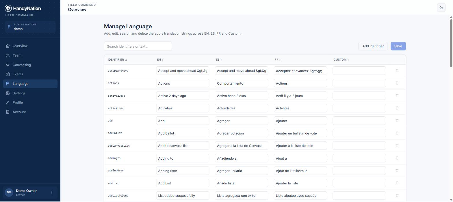 The Language page in the dashboard