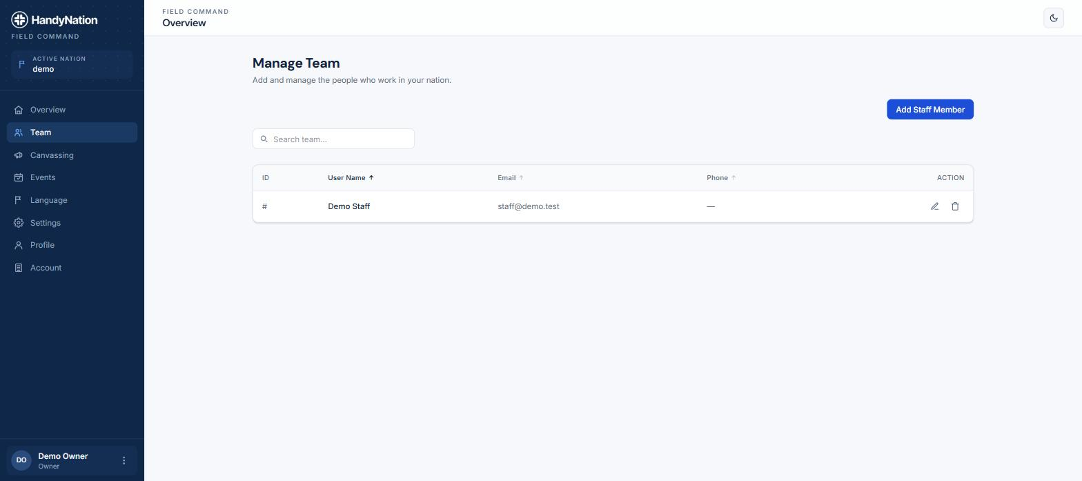 The Team page with the add staff member action